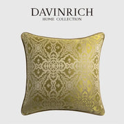 A square olive-green cushion cover with intricate gold-toned baroque floral geometry and embroidered border decorbites baroque floral