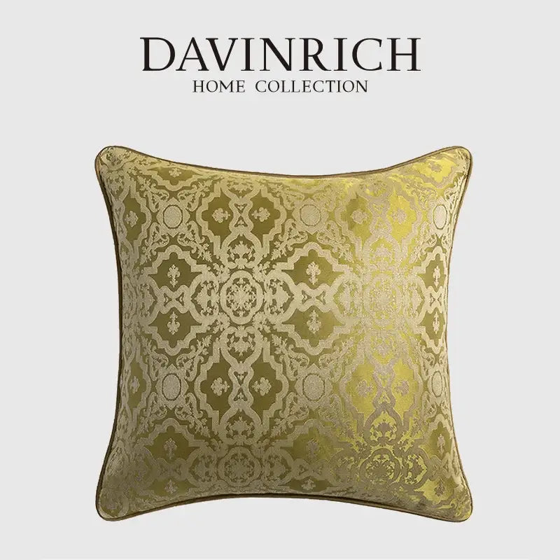 A square olive-green cushion cover with intricate gold-toned baroque floral geometry and embroidered border decorbites baroque floral