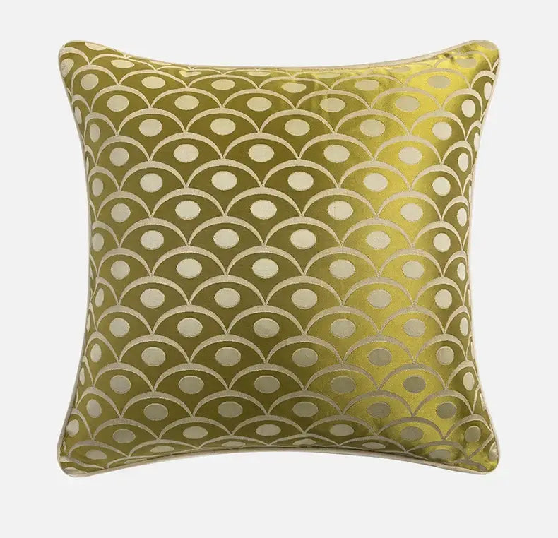 Square olive green cushion cover with subtle metallic cream baroque floral geometry pattern for decorbites living room decor