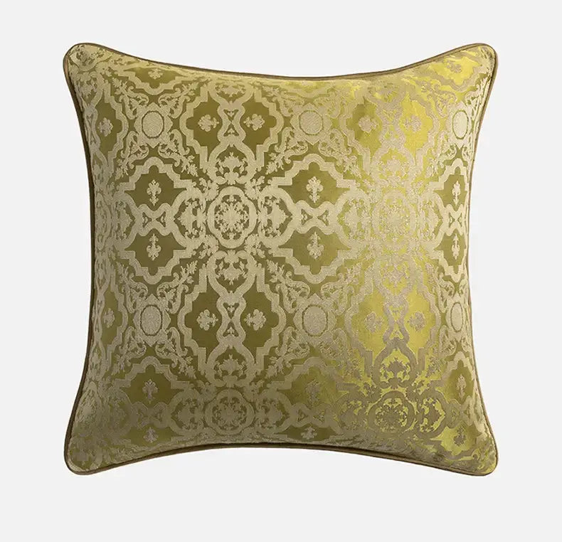 Olive green square cushion cover with metallic gold damask baroque floral pattern and matching piping for decorbites baroque floral geometry decor