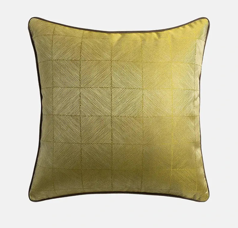 A square olive-green cushion cover with herringbone weave and dark brown piping for decorbites baroque floral decor