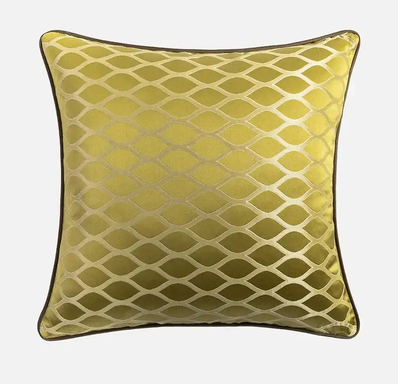 Olive-green velvet cushion cover with metallic gold baroque floral geometry and dark brown piping for living room decorbites decor