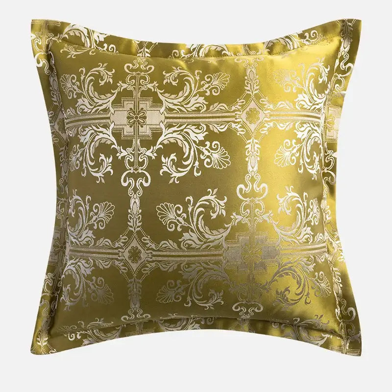 A square olive green satin cushion cover with white and silver baroque floral geometry pattern for decorbites living room decor