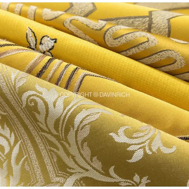Yellow damask baroque floral olive and gold cushion covers with intricate white and beige scrollwork decorbites baroque floral