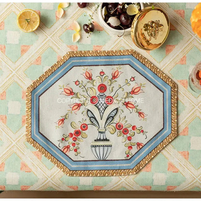 Octagonal flowers fringe placemat with embroidered baroque flowers in red green and blue on cream decorbites baroque flowers fringe