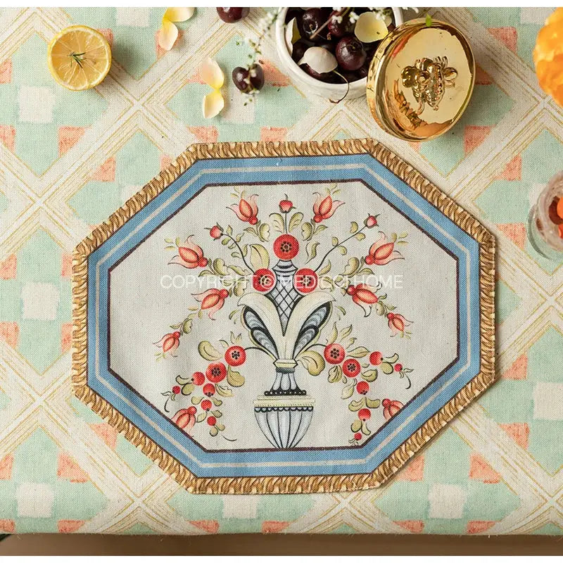 Octagonal flowers fringe placemat with embroidered baroque flowers in red green and blue on cream decorbites baroque flowers fringe