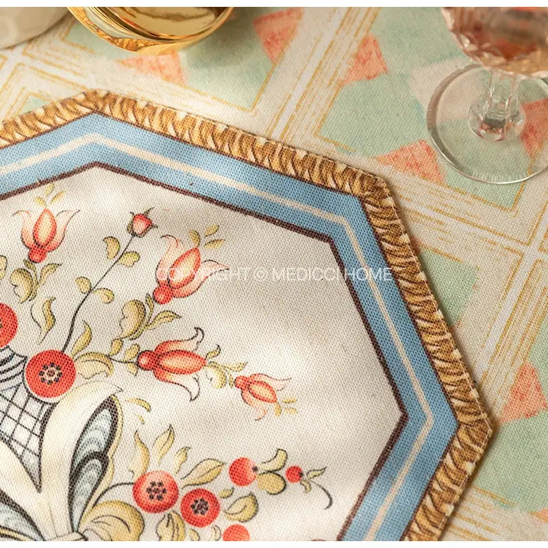 Hexagonal cream fabric decorbites baroque flowers fringe placemat with red green embroidery blue border and brown fringe