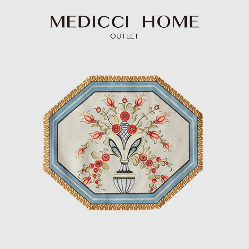 Octagonal decorbites baroque flowers fringe placemat with red and green floral design on off-white background with gold fringe