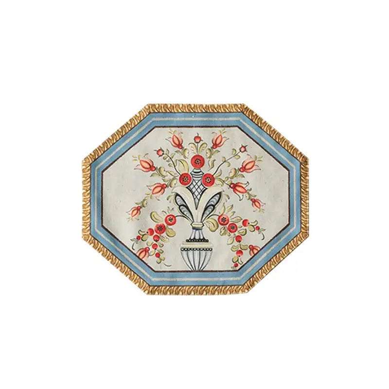 Octagonal ceramic platter with hand-painted red and green floral design and gold textured border for decorbites baroque flowers fringe placemat set