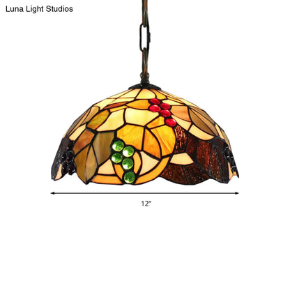 Baroque Glass Bowl Pendant Light with Grape Pattern - Brown Hand-Cut, 1 Bulb, Ceiling Hanging Suspension Fixture