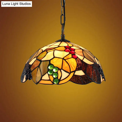 Baroque Glass Bowl Pendant Light with Grape Pattern - Brown Hand-Cut, 1 Bulb, Ceiling Hanging Suspension Fixture