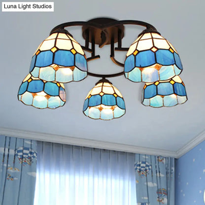 DecorBites™ DecorBites™ Baroque Glass Grid Pattern Semi Flush Light Fixture - 5 Lights - Blue/Light Blue - Black Ceiling Mount for Bedroom