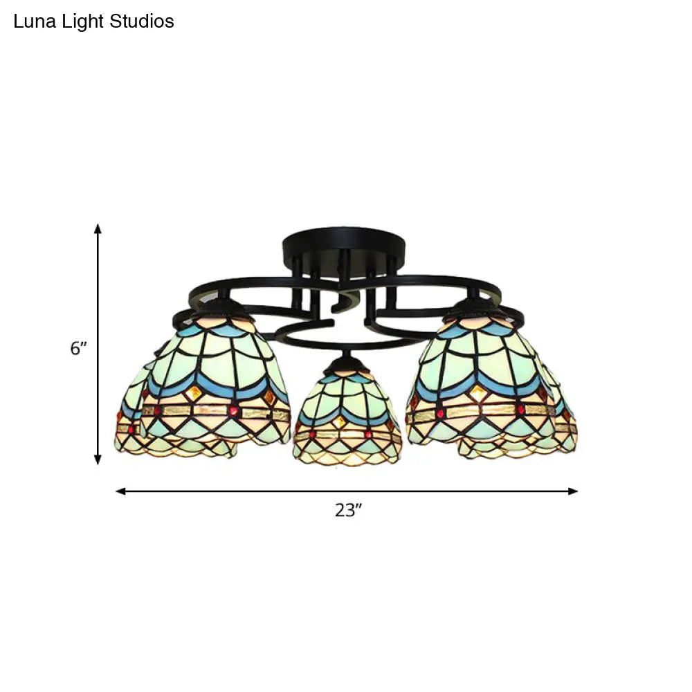 DecorBites™ DecorBites™ Baroque Glass Grid Pattern Semi Flush Light Fixture - 5 Lights - Blue/Light Blue - Black Ceiling Mount for Bedroom