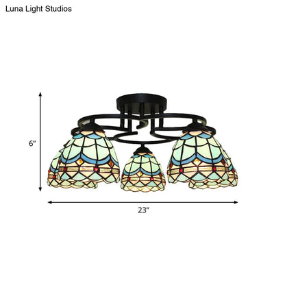 DecorBites™ DecorBites™ Baroque Glass Grid Pattern Semi Flush Light Fixture - 5 Lights - Blue/Light Blue - Black Ceiling Mount for Bedroom