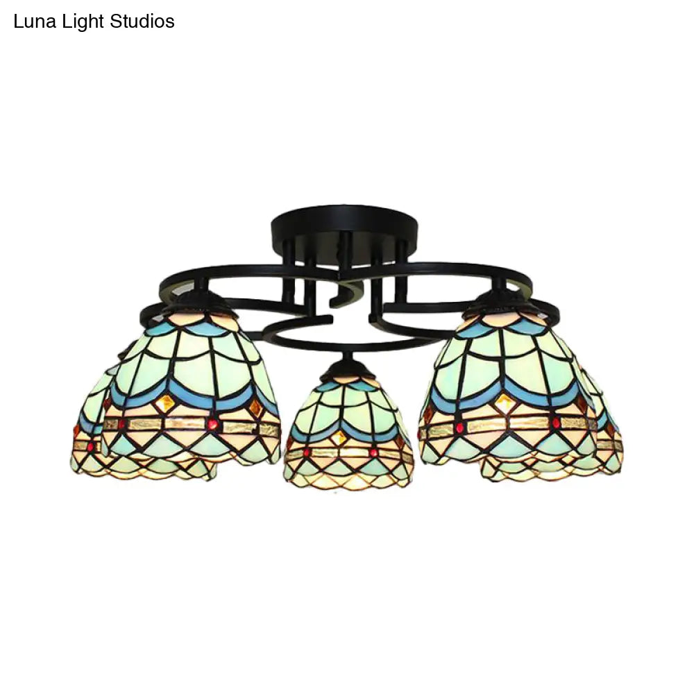 DecorBites™ DecorBites™ Baroque Glass Grid Pattern Semi Flush Light Fixture - 5 Lights - Blue/Light Blue - Black Ceiling Mount for Bedroom