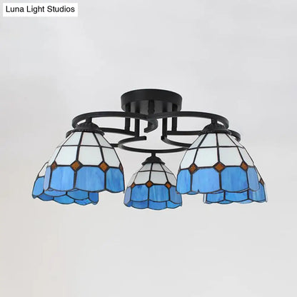 DecorBites™ DecorBites™ Baroque Glass Grid Pattern Semi Flush Light Fixture - 5 Lights - Blue/Light Blue - Black Ceiling Mount for Bedroom