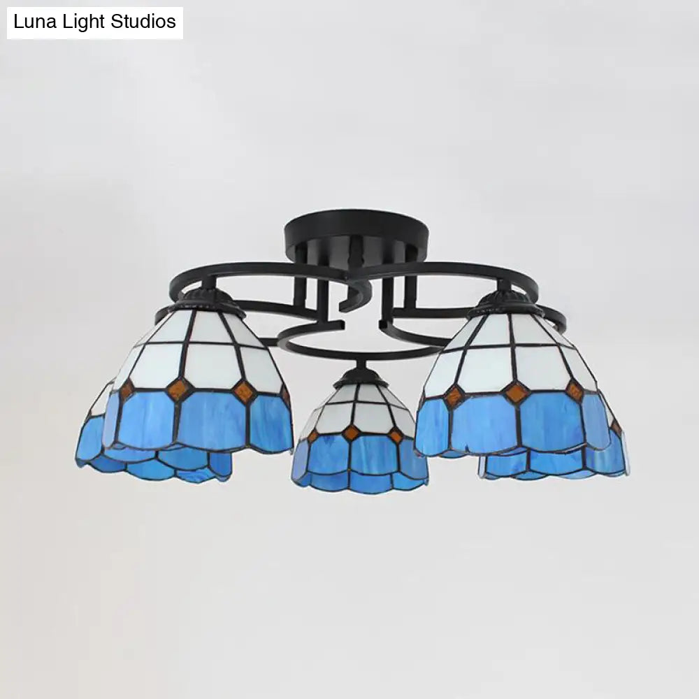 DecorBites™ DecorBites™ Baroque Glass Grid Pattern Semi Flush Light Fixture - 5 Lights - Blue/Light Blue - Black Ceiling Mount for Bedroom