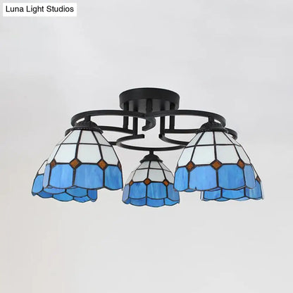 DecorBites™ DecorBites™ Baroque Glass Grid Pattern Semi Flush Light Fixture - 5 Lights - Blue/Light Blue - Black Ceiling Mount for Bedroom