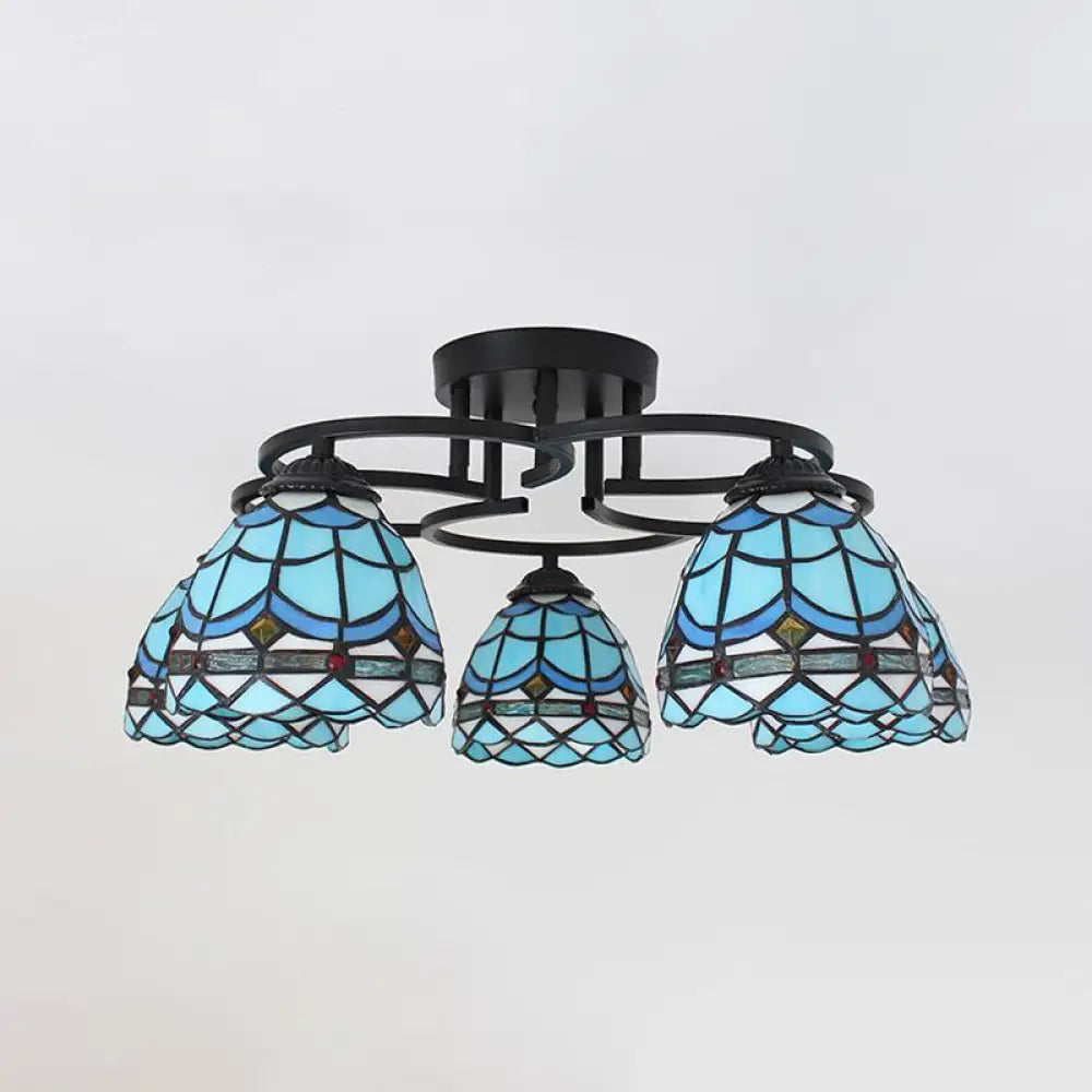 DecorBites™ DecorBites™ Baroque Glass Grid Pattern Semi Flush Light Fixture - 5 Lights - Blue/Light Blue - Black Ceiling Mount for Bedroom