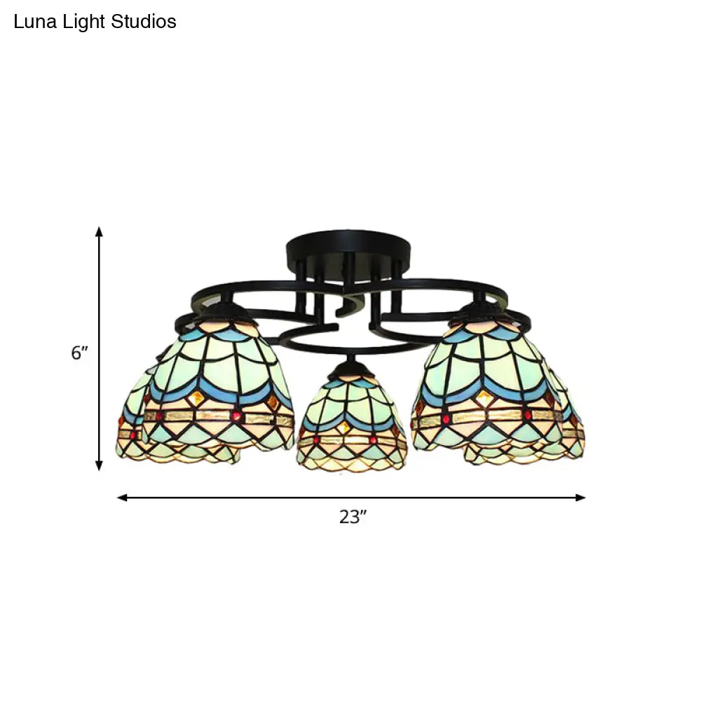 DecorBites™ DecorBites™ Baroque Glass Grid Pattern Semi Flush Light Fixture - 5 Lights - Blue/Light Blue - Black Ceiling Mount for Bedroom