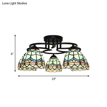 DecorBites™ DecorBites™ Baroque Glass Grid Pattern Semi Flush Light Fixture - 5 Lights - Blue/Light Blue - Black Ceiling Mount for Bedroom