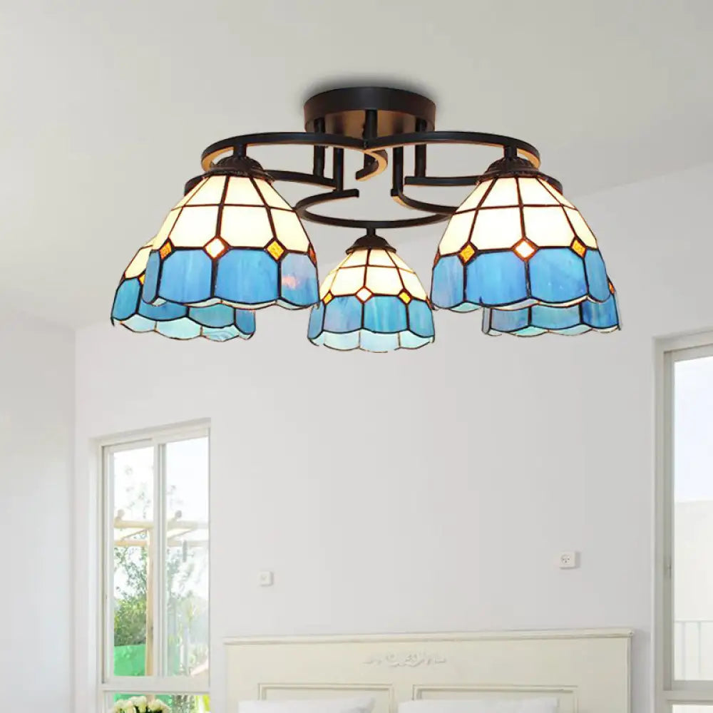 DecorBites™ DecorBites™ Baroque Glass Grid Pattern Semi Flush Light Fixture - 5 Lights - Blue/Light Blue - Black Ceiling Mount for Bedroom