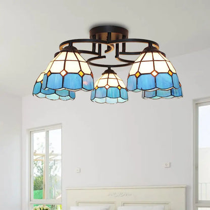 DecorBites™ DecorBites™ Baroque Glass Grid Pattern Semi Flush Light Fixture - 5 Lights - Blue/Light Blue - Black Ceiling Mount for Bedroom
