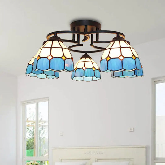 DecorBites™ DecorBites™ Baroque Glass Grid Pattern Semi Flush Light Fixture - 5 Lights - Blue/Light Blue - Black Ceiling Mount for Bedroom