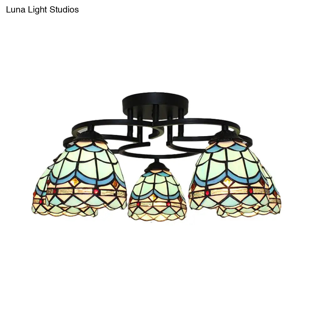 DecorBites™ DecorBites™ Baroque Glass Grid Pattern Semi Flush Light Fixture - 5 Lights - Blue/Light Blue - Black Ceiling Mount for Bedroom