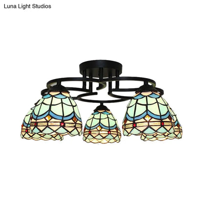 DecorBites™ DecorBites™ Baroque Glass Grid Pattern Semi Flush Light Fixture - 5 Lights - Blue/Light Blue - Black Ceiling Mount for Bedroom