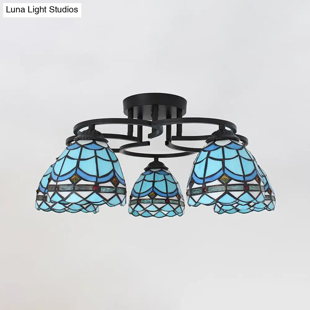 DecorBites™ DecorBites™ Baroque Glass Grid Pattern Semi Flush Light Fixture - 5 Lights - Blue/Light Blue - Black Ceiling Mount for Bedroom
