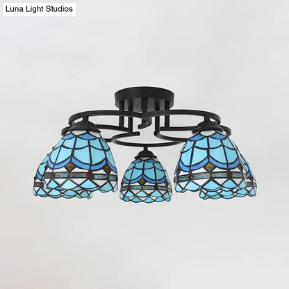 DecorBites™ DecorBites™ Baroque Glass Grid Pattern Semi Flush Light Fixture - 5 Lights - Blue/Light Blue - Black Ceiling Mount for Bedroom