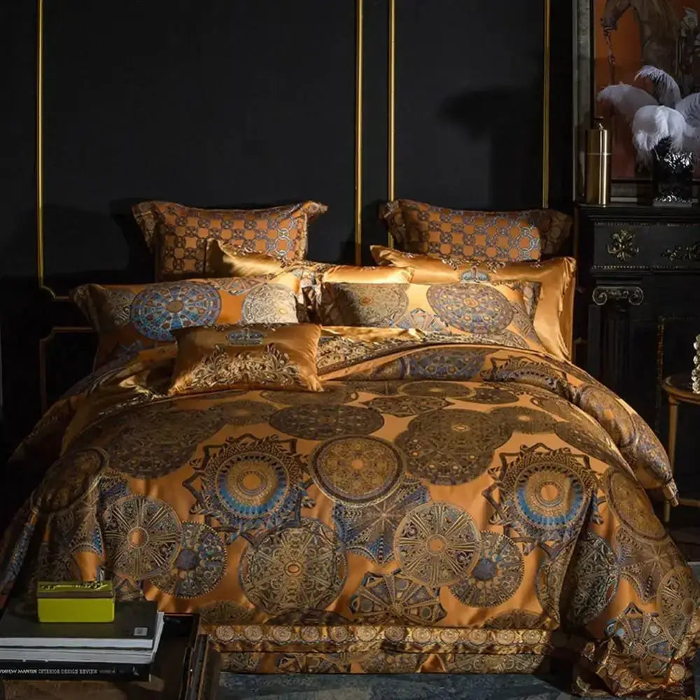 Luxurious gold satin bedding set with intricate blue and brown circular medallion patterns from decorbites golden jacquard baroque