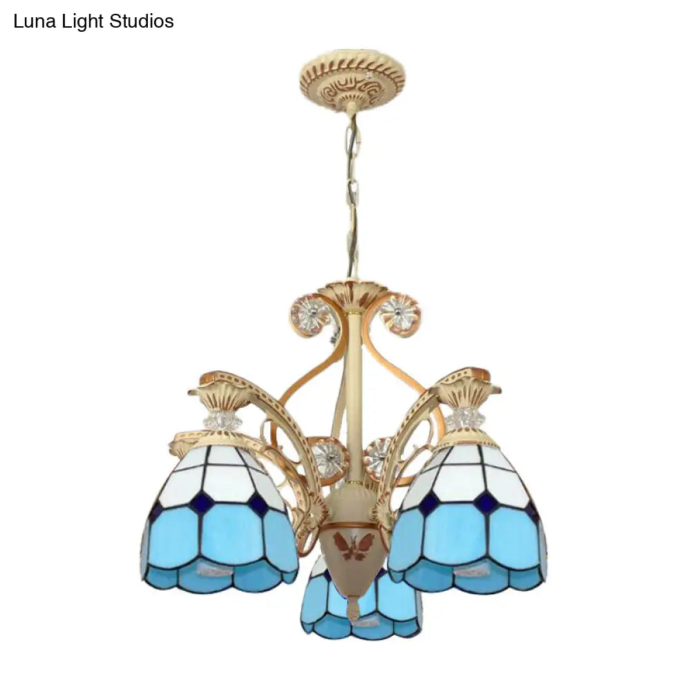 Baroque Grid Cut Glass Pendant Chandelier - 3/5 Lights in Orange/Blue - Curved Arm - 19"/19.5