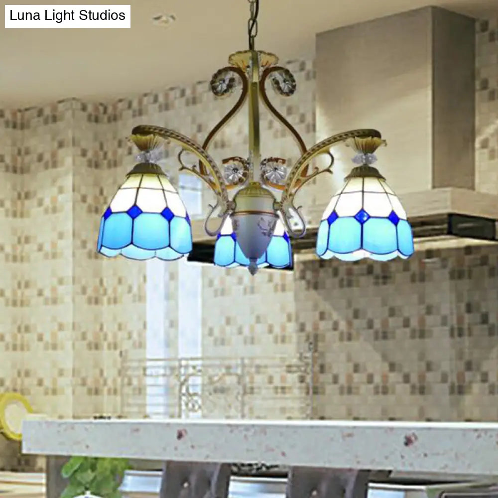 Baroque Grid Cut Glass Pendant Chandelier - 3/5 Lights in Orange/Blue - Curved Arm - 19"/19.5