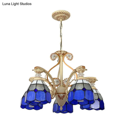 Baroque Grid Cut Glass Pendant Chandelier - 3/5 Lights in Orange/Blue - Curved Arm - 19"/19.5