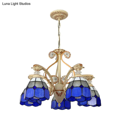 Baroque Grid Cut Glass Pendant Chandelier - 3/5 Lights in Orange/Blue - Curved Arm - 19"/19.5