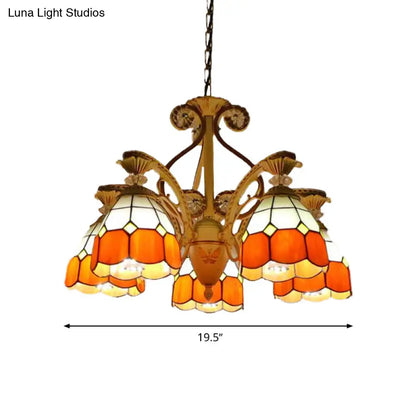 Baroque Grid Cut Glass Pendant Chandelier - 3/5 Lights in Orange/Blue - Curved Arm - 19"/19.5