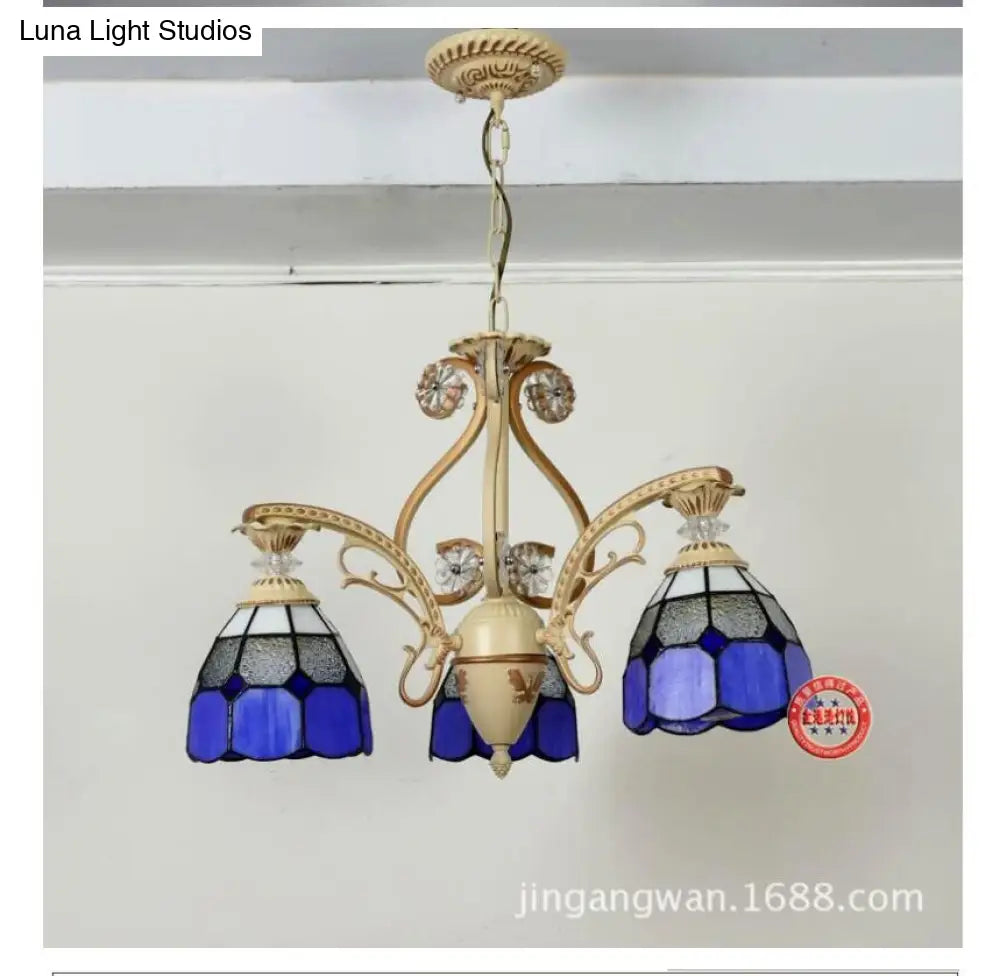 Baroque Grid Cut Glass Pendant Chandelier - 3/5 Lights in Orange/Blue - Curved Arm - 19"/19.5