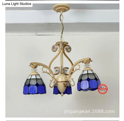 Baroque Grid Cut Glass Pendant Chandelier - 3/5 Lights in Orange/Blue - Curved Arm - 19"/19.5