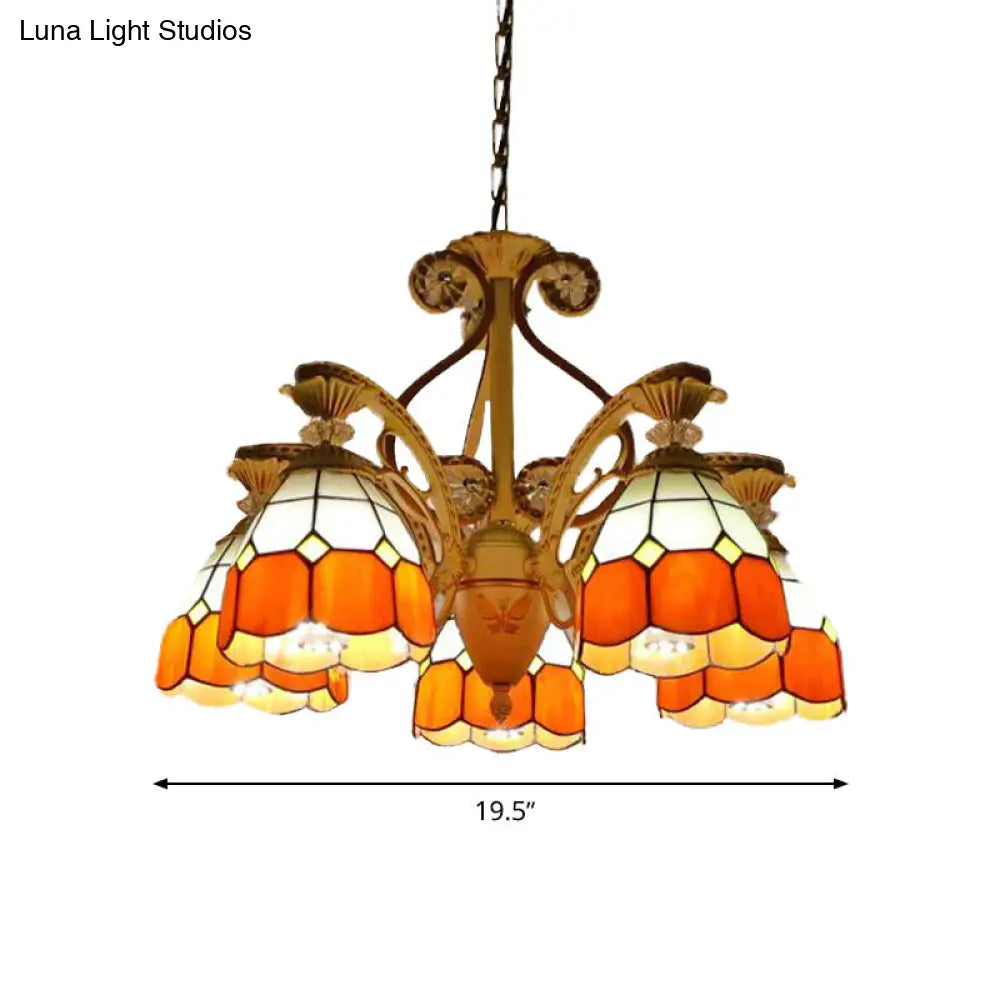 Baroque Grid Cut Glass Pendant Chandelier - 3/5 Lights in Orange/Blue - Curved Arm - 19"/19.5