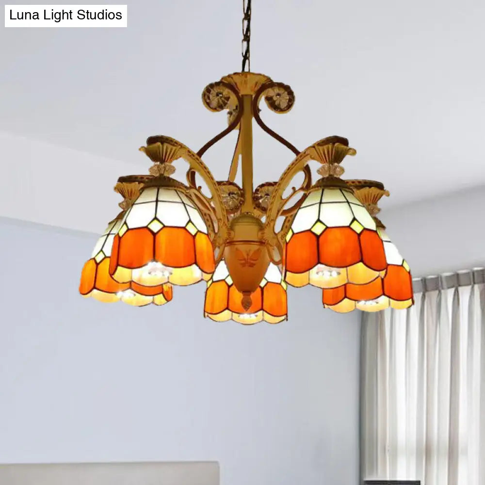 Baroque Grid Cut Glass Pendant Chandelier - 3/5 Lights in Orange/Blue - Curved Arm - 19"/19.5