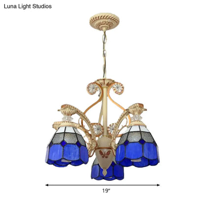 Baroque Grid Cut Glass Pendant Chandelier - 3/5 Lights in Orange/Blue - Curved Arm - 19"/19.5