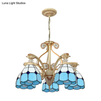 Baroque Grid Cut Glass Pendant Chandelier - 3/5 Lights in Orange/Blue - Curved Arm - 19"/19.5