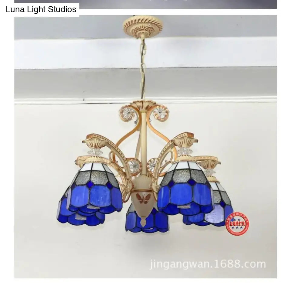 Baroque Grid Cut Glass Pendant Chandelier - 3/5 Lights in Orange/Blue - Curved Arm - 19"/19.5