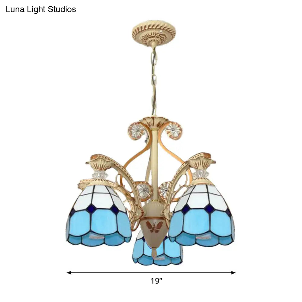 Baroque Grid Cut Glass Pendant Chandelier - 3/5 Lights in Orange/Blue - Curved Arm - 19"/19.5