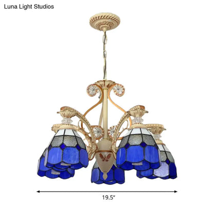 Baroque Grid Cut Glass Pendant Chandelier - 3/5 Lights in Orange/Blue - Curved Arm - 19"/19.5