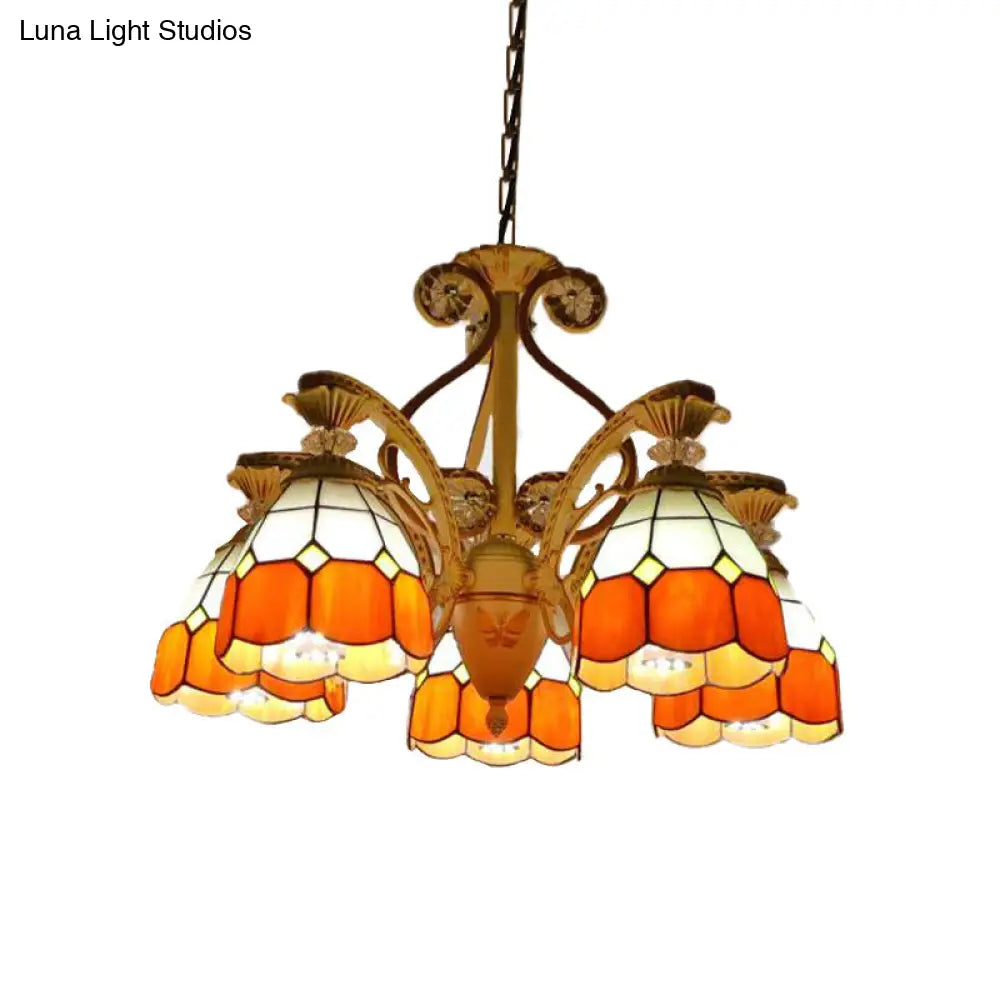 Baroque Grid Cut Glass Pendant Chandelier - 3/5 Lights in Orange/Blue - Curved Arm - 19"/19.5