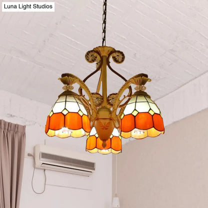 Baroque Grid Cut Glass Pendant Chandelier - 3/5 Lights in Orange/Blue - Curved Arm - 19"/19.5