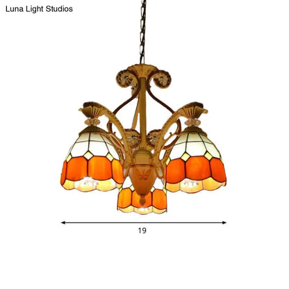 Baroque Grid Cut Glass Pendant Chandelier - 3/5 Lights in Orange/Blue - Curved Arm - 19"/19.5